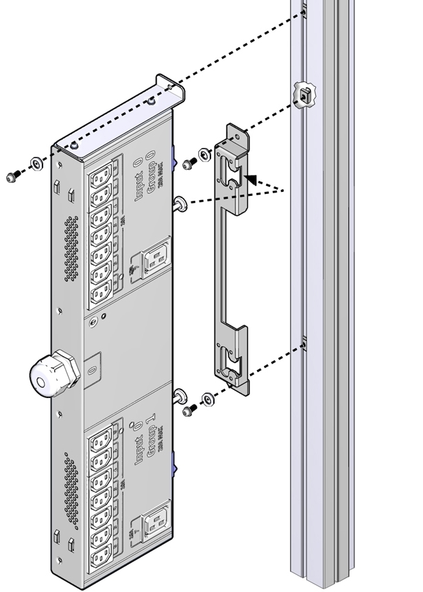 image:Figure showing how to secure a compact PDU to the rear rack frame using                         three screws.