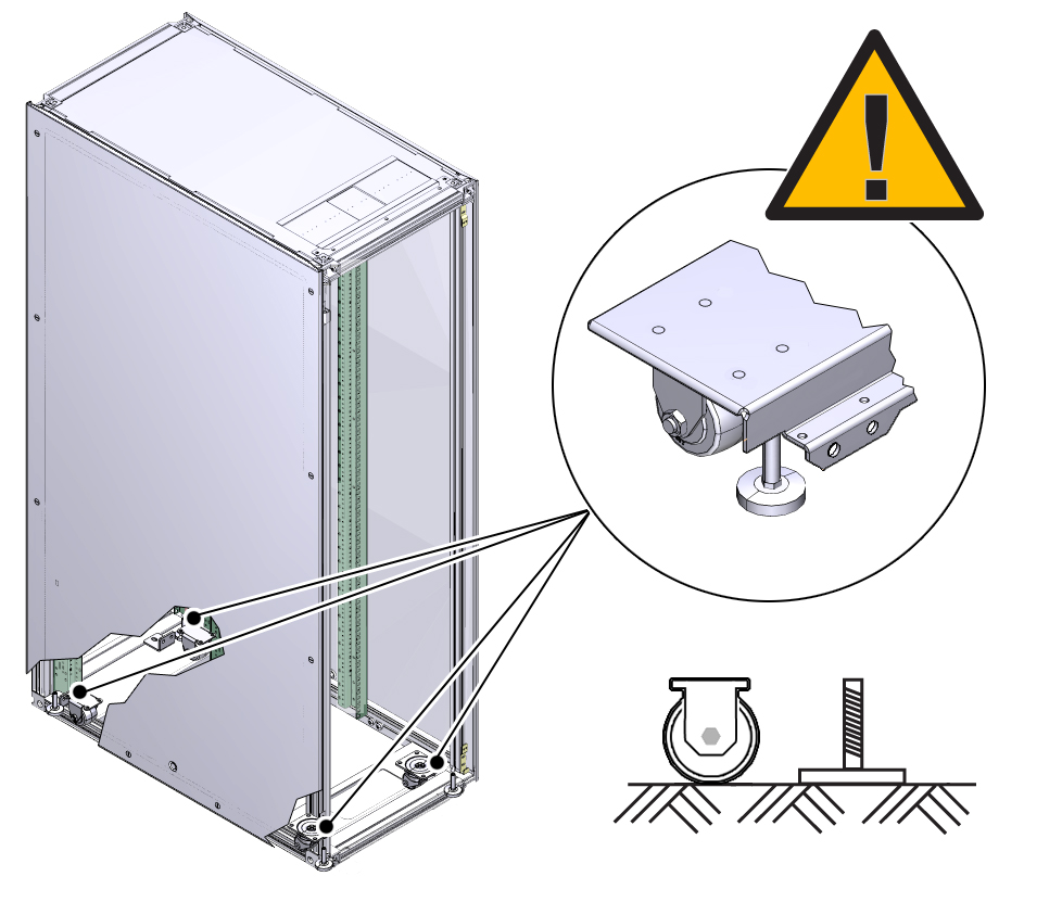 image:Figure shows leveling feet, casters, and mounting brackets securing                             the rack.