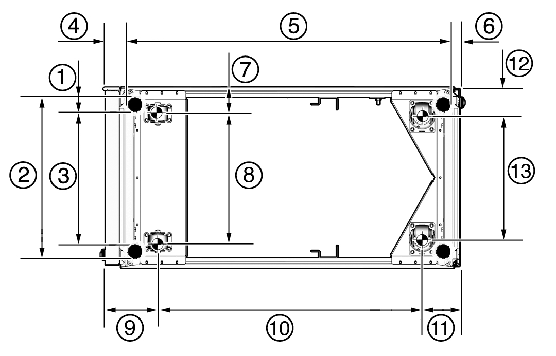 image:Figure showing the Sun Rack II 1242 leveling feet and casters dimensions.