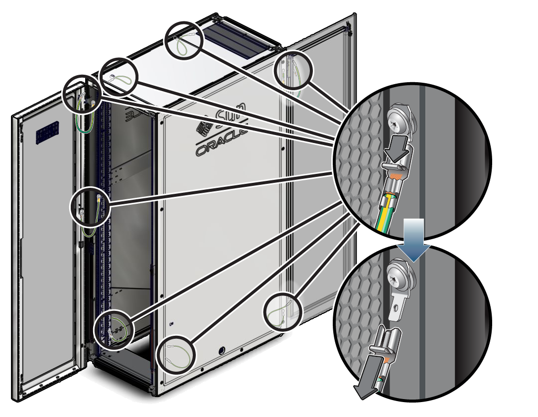 image:Figure showing how to detach a grounding strap as well as the                                 locations of the rack grounding straps.