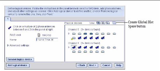 Screen shot shows the drives installed with a callout for the Create Global Hot Spare button.