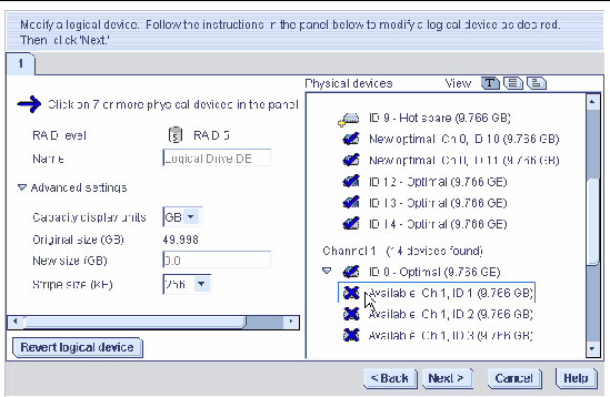 Screen shot shows drives with X’s over them. A callout says “Flashing arrow prompts you to replace the deselected disk drive.”