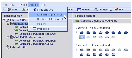 Screen shot of the Delete hot-spare drive menu option.