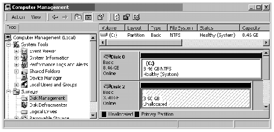 Screen capture showing the Disk Management window and disk information for each available disk.