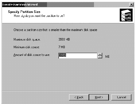 Screen capture showing the Create Partition Wizard window with partition size specified.
