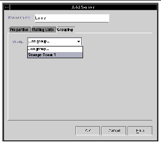 Screen capture of the Add Server window showing the Grouping options.