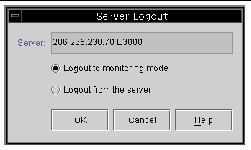 Screen capture showing Server Logout dialog box with Logout to monitoring mode option selected.