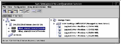 Screen capture of the main Sun StorEdge Configuration Service window showing the gray HBA device available for use.