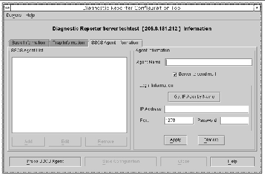 Screen capture showing the Diagnostic Reporter Configuration Tool window with the SSCS Agent Information tab selected.