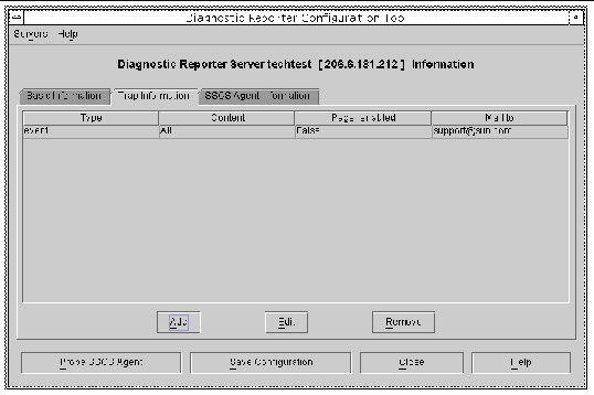 Screen capture showing the Diagnostic Reporter Configuration Tool window with Trap Information tab selected.