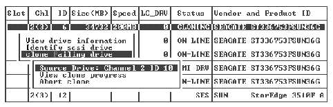 Screen capture showing "Source Drive: Channel 2 ID 10" after choosing a spare drive from the View and Edit SCSI Drive menu.