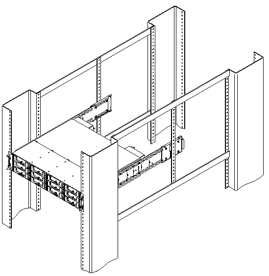 Figure showing cabinet rackmounted array using middle brackets with chassis ears and bezel removed.