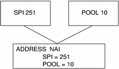 Shows that an SPI of 251 and POOL of 10 correspond to the same SPI and POOL numbers in the ADDRESS NAI section.