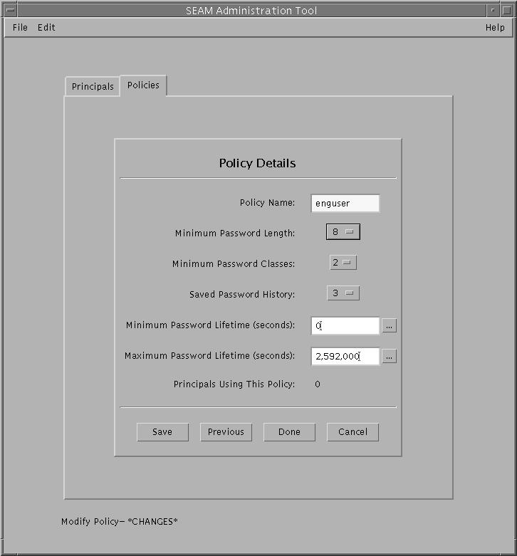 Dialog box titled SEAM Administration Tool shows policy details of the enguser policy. Shows Save, Previous, Done, and Cancel buttons.
