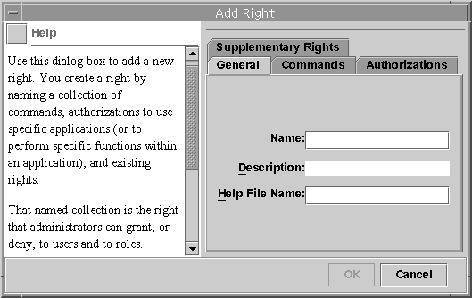 Dialog box titled Add Right shows the Help pane, and at the right shows the tabs for General, Supplementary Rights, Commands, and Authorizations.
