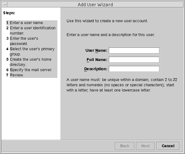 Dialog box titled Add User Wizard shows the steps for adding a user in the left pane, and the entry fields in the right pane.