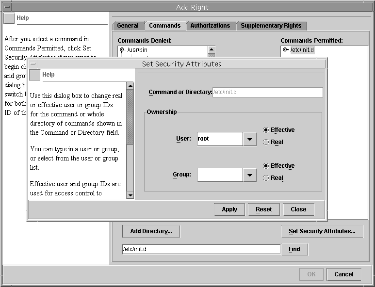 Dialog box titled Set Security Attributes shows the help and the fields for adding a command to a right, and for the command's ID.