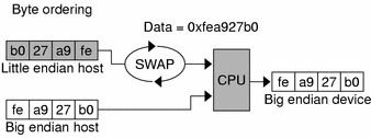 Diagram shows byte swapping to reverse endianness.