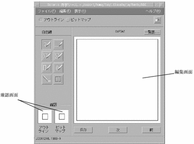 「文字エディタ」ウィンドウを表示しています。「編集画面」、「参照画面」、「確認画面」などがあります。