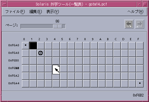 「一覧表」ウィンドウでのコードポイントの移動例を示しています。