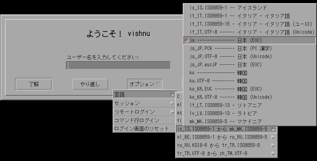 ログイン画面の「オプション」メニューの「言語」サブメニューをクリックした画面を表示しています。ここから、使用する言語に対応する地域環境 (ロケール) を選択できます。