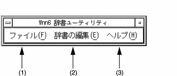 Wnn6 辞書ユーティリティメニューを表示しています。ファイル、辞書の編集、ヘルプメニューがあります。各機能については次の表で説明しています。