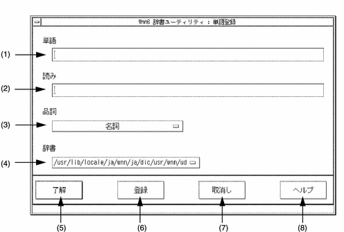 「単語登録」ウィンドウを表示しています。単語、読み入力フィールド、品詞、辞書プルダウンメニューがあります。このウィンドウについては、次の表で説明しています。