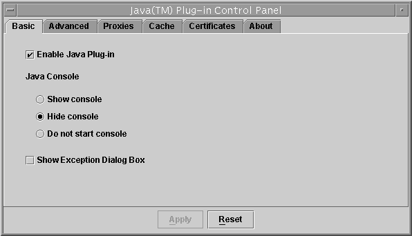 「基本」パネルの「Java Plug-in の有効化」、「コンソールを表示/非表示」、「例外ダイアログボックスの表示」チェックボックスを表示しています。