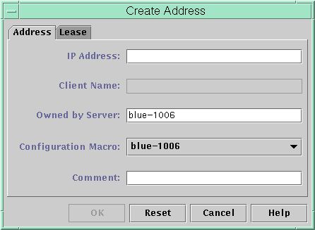 「アドレス (Address)」タブを表示しています。「IP アドレス (IP Address)」、「クライアント名 (Client Name)」、および「構成マクロ (Configuration Macro)」プルダウンリストなどがあります。