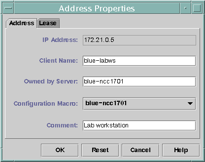 「アドレス (Address)」タブを表示しています。「IP アドレス (IP Address)」、「クライアント名 (Client Name)」、および「構成マクロ (Configuration Macro)」プルダウンリストなどがあります。