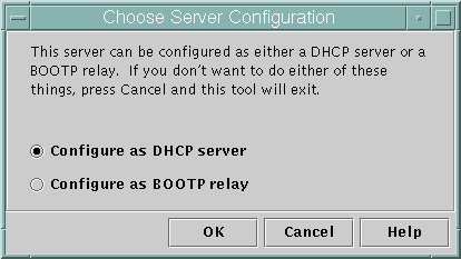 「DHCP サーバーとして構成 (Configure as DHCP server)」と「BOOTP リレーとして構成 (Configure as BOOTP relay)」オプション、OK、Cancel、Helpボタンがあります。