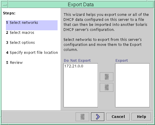 データをファイルにエクスポートする手順を表示しています。「Do Not Export」、「Export」ネットワークリスト、その間に矢印ボタンがあります。