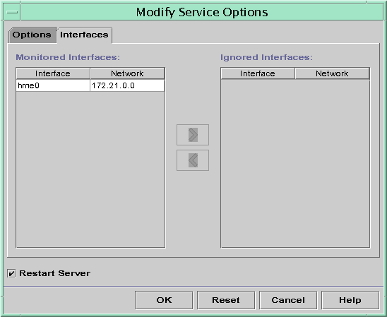 「監視中のインタフェース (Monitored Interfaces)」リストボックスと「削除するインタフェース (Ignored Interfaces)」リストボックス、その間に選択矢印ボタンがあります。