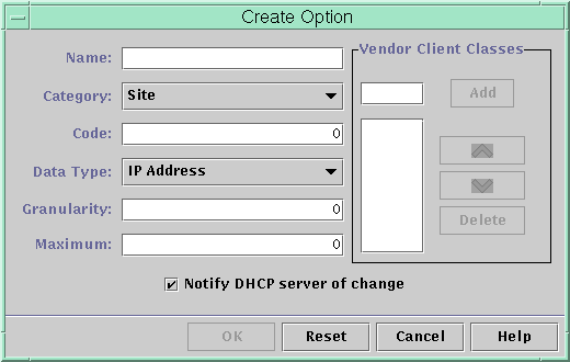 新しいオプションの属性フィールドが表示されています。「Vendor Client Classes」エリアと「DHCP サーバーに変更を通知 (Notify DHCP Server of Change)」チェックボックスがあります。