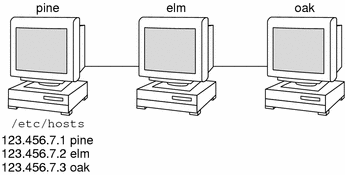 Illustration shows pine, elm, and oak machines with respective IP addresses listed on pine.