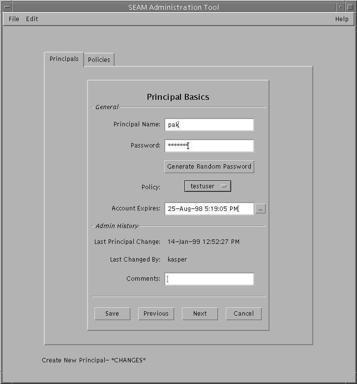 Dialog box titled SEAM Administration Tool shows account data for the pak principal.  Shows password, account expiration date, and testuser policy.