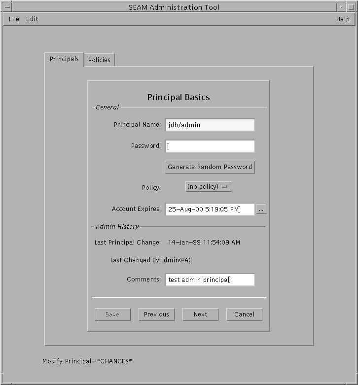 Dialog box titled SEAM Administration Tool shows account data for the jdb/admin principal.  Shows account expiration date and comments.