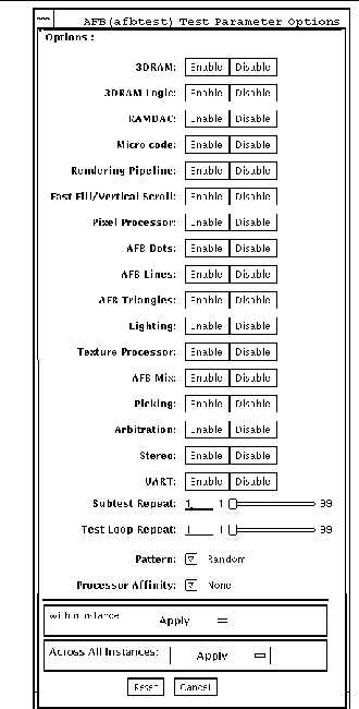 Screenshot of the afbtest Test Parameter Options dialog box.