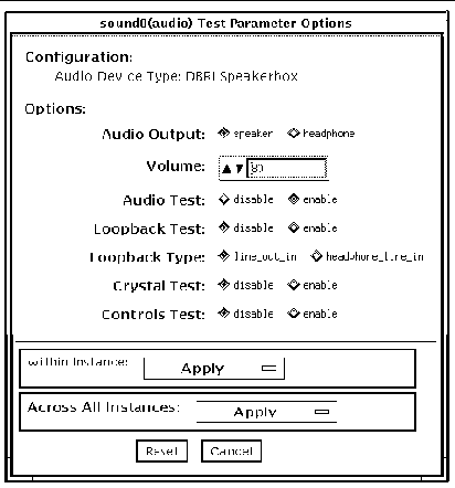 Screenshot of the audiotest Test Parameter Options dialog box.