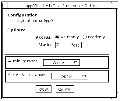 Screenshot of the bpptest Test Parameter Options dialog box.