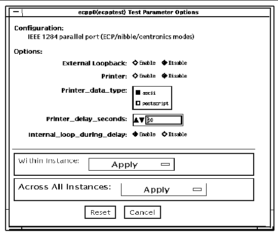 Screenshot of the ecpptest Test Parameter Options dialog box.