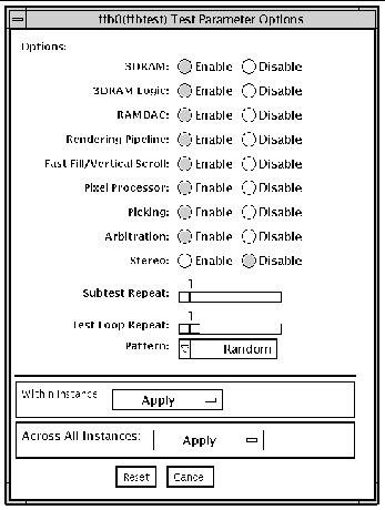 Screenshot of the ffbtest Test Parameter Options dialog box.