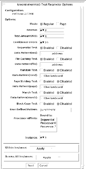 Screenshot of the vmemtest Test Parameter Options dialog box.