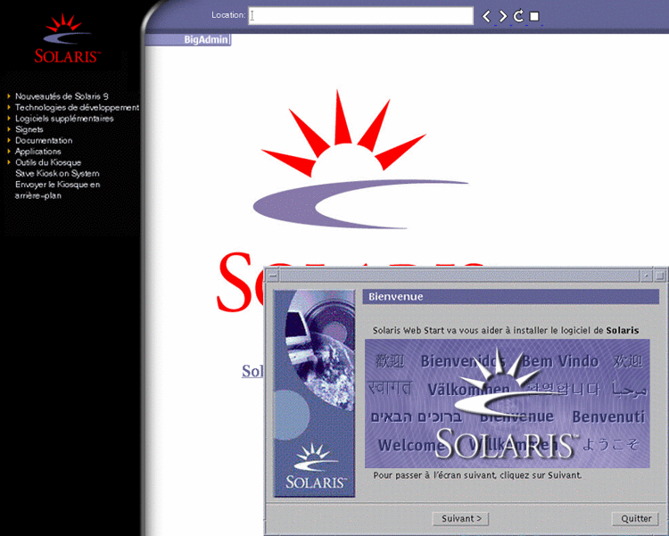 Cette capture d'écran montre les boutons Suivant et Quitter de l'écran de Bienvenue. Un écran de navigateur Internet répertorie également les liens vers les informations.