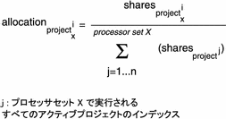 この方程式は、プロセッサセット内で実行されている各プロジェクトに対する CPU 割り当てを FSS スケジューラが算出する方法を示しています。