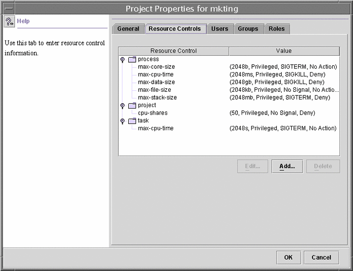 この画面は、「資源制御 (Resource Controls)」タブを表示しています。このタブには、資源制御とその値が表示されています。