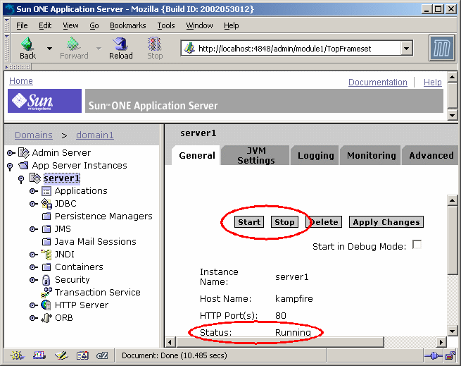 Start and Stop Application Server Instance Screenshot