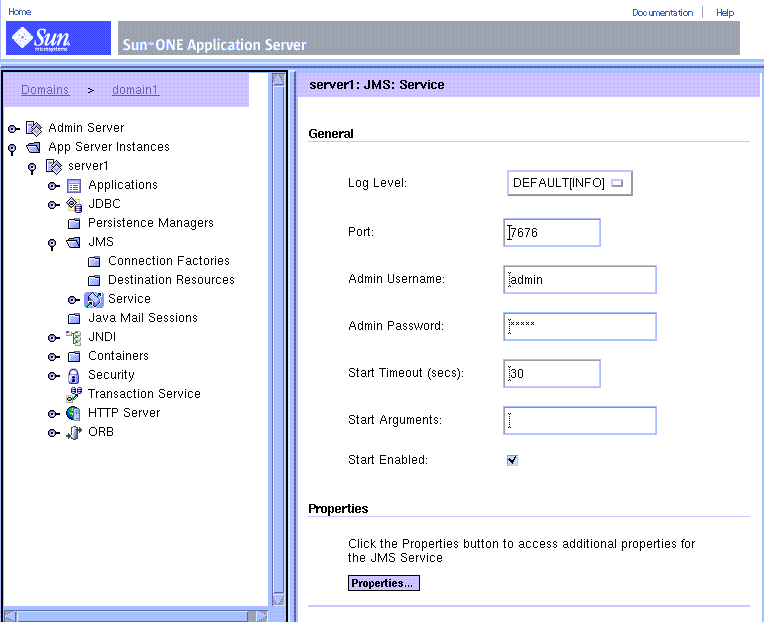 Application Server window and JMS Service configuration. Screen  is explained in text.
