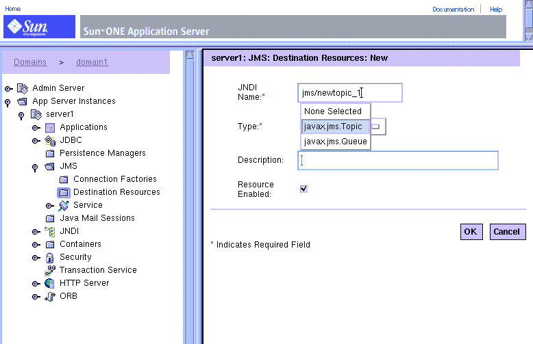 Application Server window showing dialog used to create adminstered object. Screen  is explained in text.
