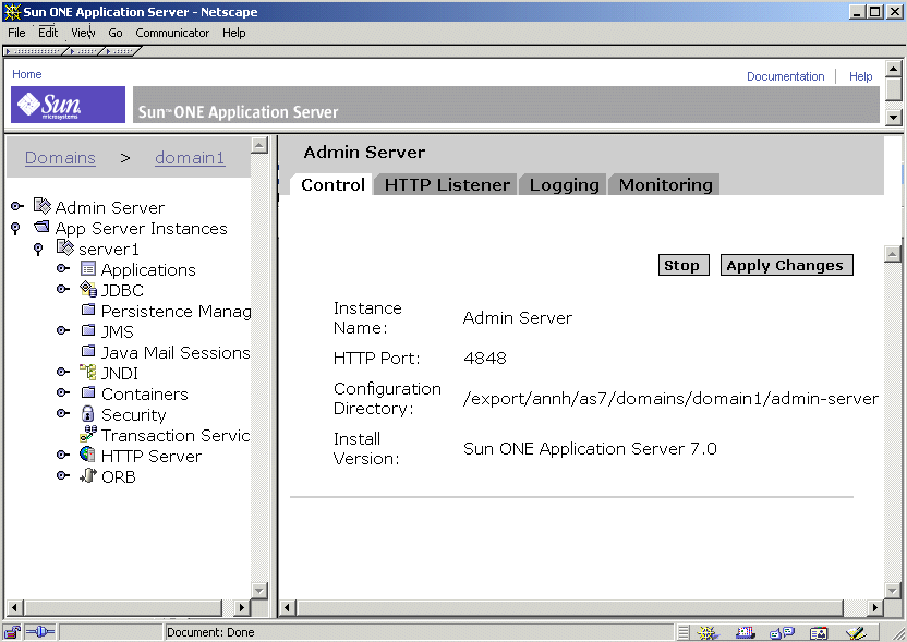 This figure shows the Administration Server in the Administration interface.
